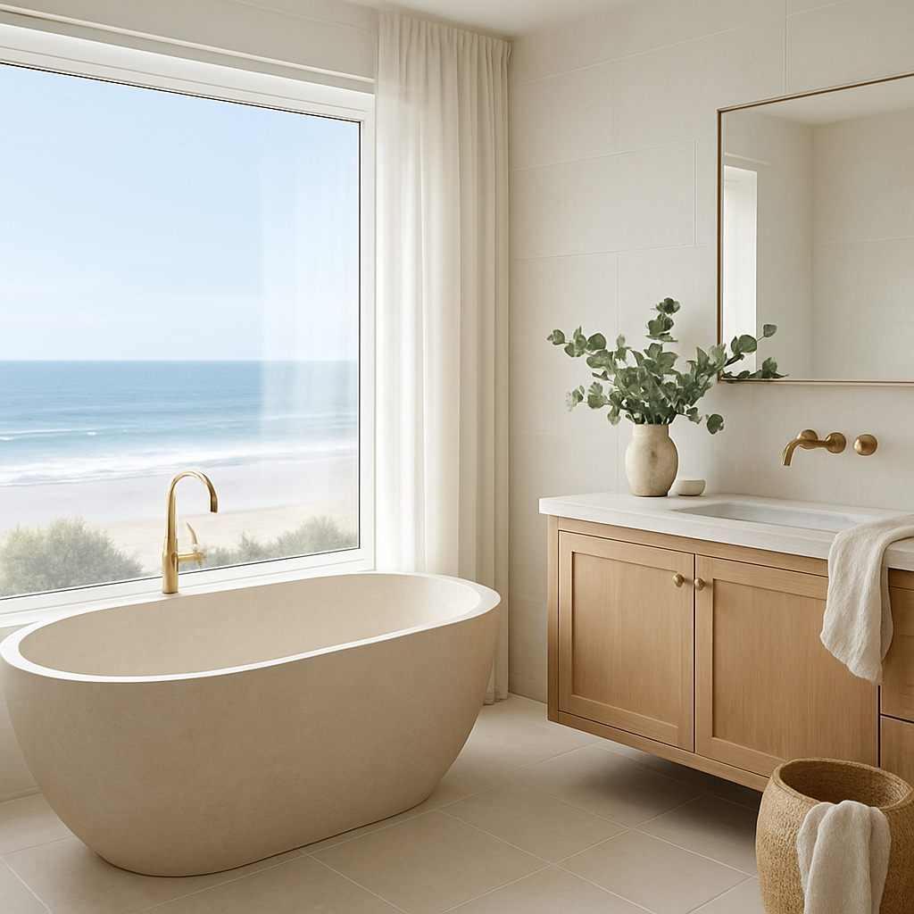 A bright beachside bathroom with a freestanding bath beside a window overlooking the ocean