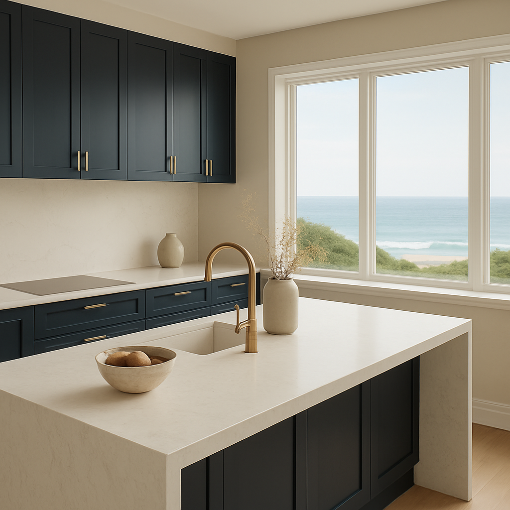 A renovated coastal kitchen with navy cabinetry and marble island